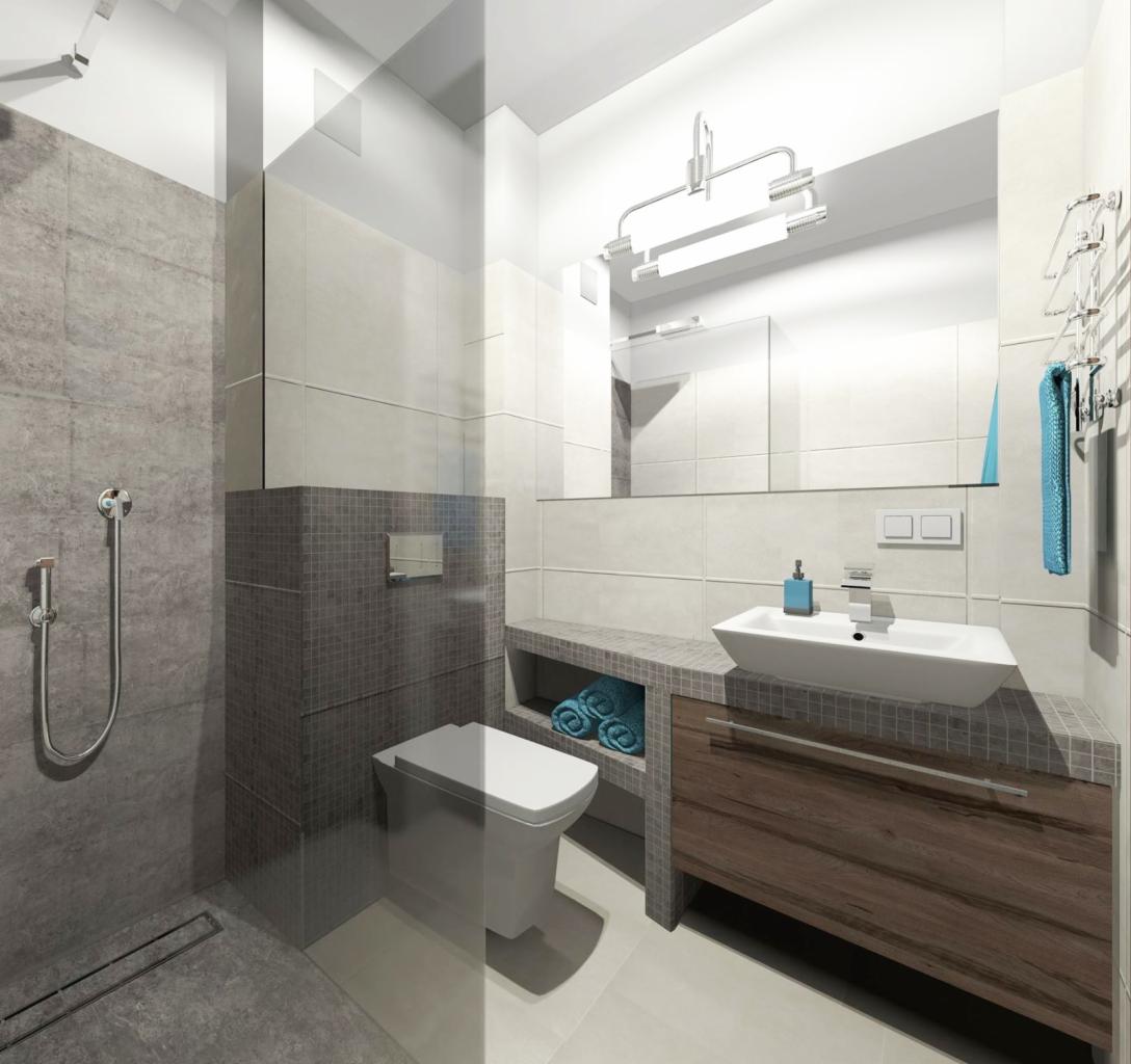 Nowoczesna łazienka z szarą mozaiką, kabiną prysznicową typu walk-in i podwieszaną toaletą. Umywalka nablatowa z szafką z drewnianym frontem. Minimalistyczny design.