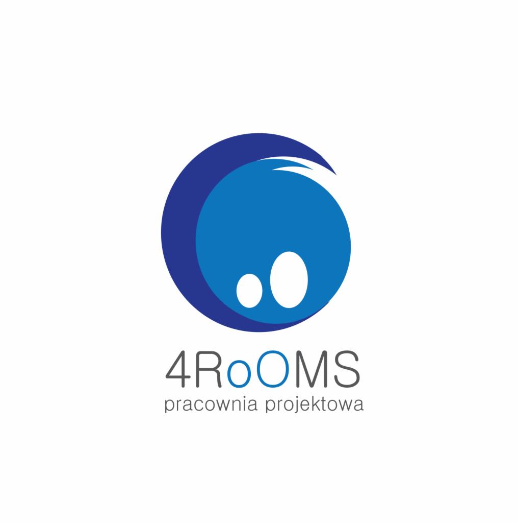 Logo pracowni projektowej 4RoOMS z abstrakcyjnym, błękitnym symbolem przypominającym planetę i napisami w kolorze szarym na białym tle.