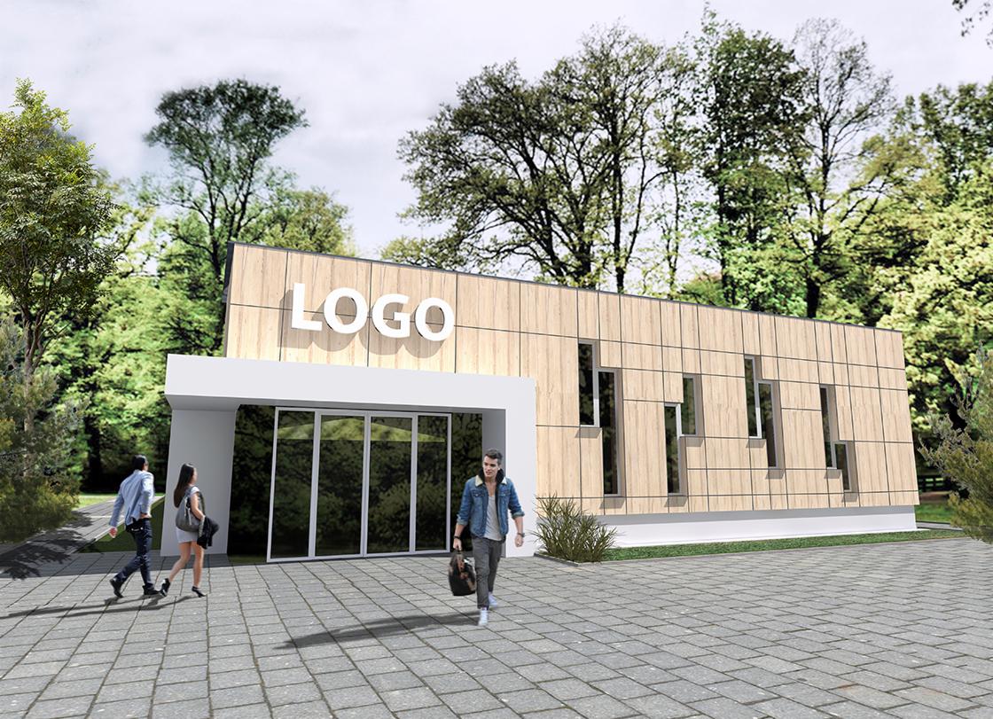 Wizualizacja budynku biurowego z drewnianą fasadą, przeszklonym wejściem i logo. Trzy osoby wchodzą do budynku. Otoczenie: drzewa i kostka brukowa.