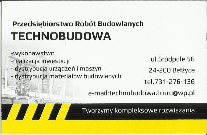Wizytówka firmy budowlanej Technobudowa z Bełżyc, oferującej wykonawstwo, realizację inwestycji i dystrybucję materiałów budowlanych i urządzeń.