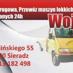 Żółty bus pomocy drogowej Wojda na grafice reklamowej z adresem i numerem telefonu w Sieradzu. Oferta obejmuje przewóz maszyn rolniczych i budowlanych 24h.