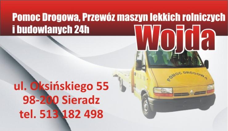 Żółty bus pomocy drogowej Wojda na grafice reklamowej z adresem i numerem telefonu w Sieradzu. Oferta obejmuje przewóz maszyn rolniczych i budowlanych 24h.