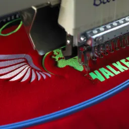 Proces tworzenia zielonego napisu 'WALKER' i srebrnego skrzydła na czerwonej tkaninie za pomocą maszyny do szycia.