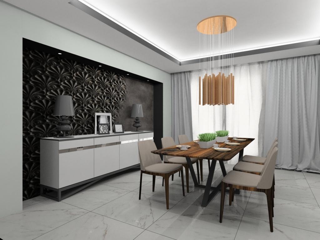 Nowoczesna jadalnia z drewnianym stołem na metalowych nogach, beżowymi krzesłami, dekoracyjnym oświetleniem wiszącym i komodą z lampami na tle ściany z tłoczonym wzorem.