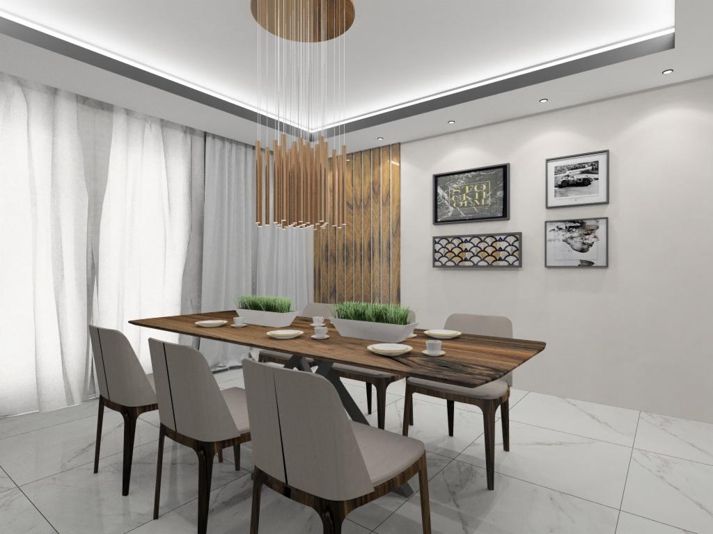 Jasna jadalnia z drewnianym stołem, krzesłami z tapicerowanymi siedziskami, nowoczesną lampą wiszącą z drewnianych elementów, białymi zasłonami i marmurową podłogą.