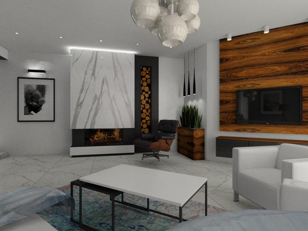 Nowoczesny salon z marmurowym kominkiem, drewnianą ścianą TV i wiszącą lampą kulistą, uzupełniony skórzanym fotelem i białą sofą.