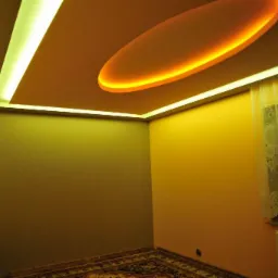 Nowoczesny sufit podwieszany z oświetleniem LED w pokoju w Rybniku. Okrągły element dekoracyjny z pomarańczową poświatą. Wykończenie wnętrz.