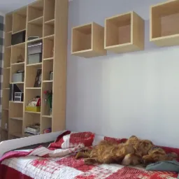 Drewniany regał z półkami, trzy wiszące szafki-kostki na ścianie, pies śpiący na łóżku z czerwoną narzutą w kratę, ściana w szaro-białą kratę.