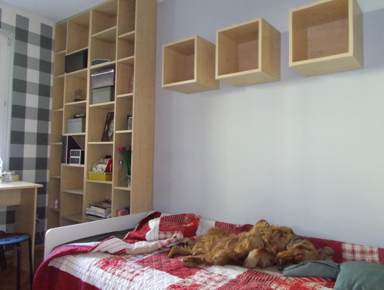 Drewniany regał z półkami, trzy wiszące szafki-kostki na ścianie, pies śpiący na łóżku z czerwoną narzutą w kratę, ściana w szaro-białą kratę.