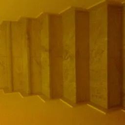 Schody wyłożone beżowymi płytkami ceramicznymi, widok z góry w ciepłym oświetleniu, ukazujące wzór i fakturę materiału.