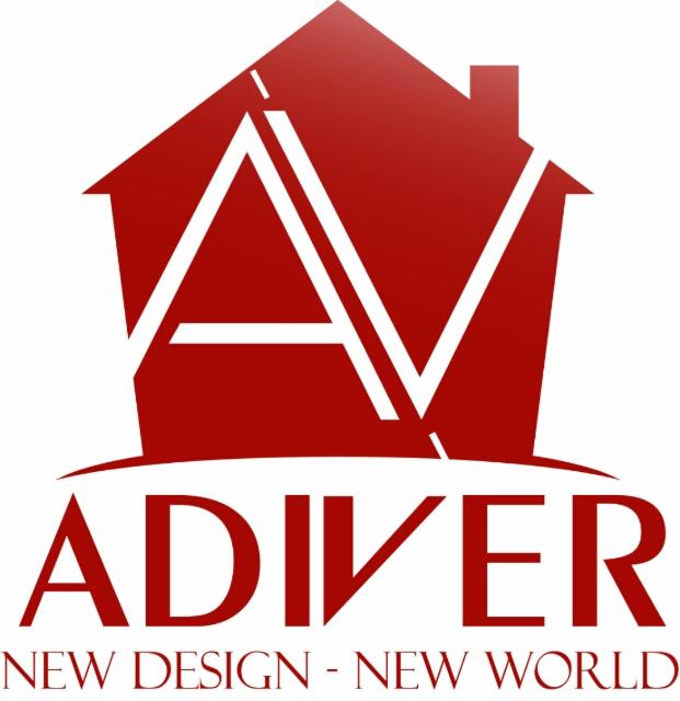 Czerwone logo firmy A Diver z hasłem 'New Design - New World' na białym tle, stylizowane na dom.