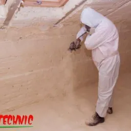 Pracownik w kombinezonie ochronnym aplikuje piankę izolacyjną na poddaszu, widoczne nierówności powierzchni i detale struktury pianki. Ocieplenie poddasza.