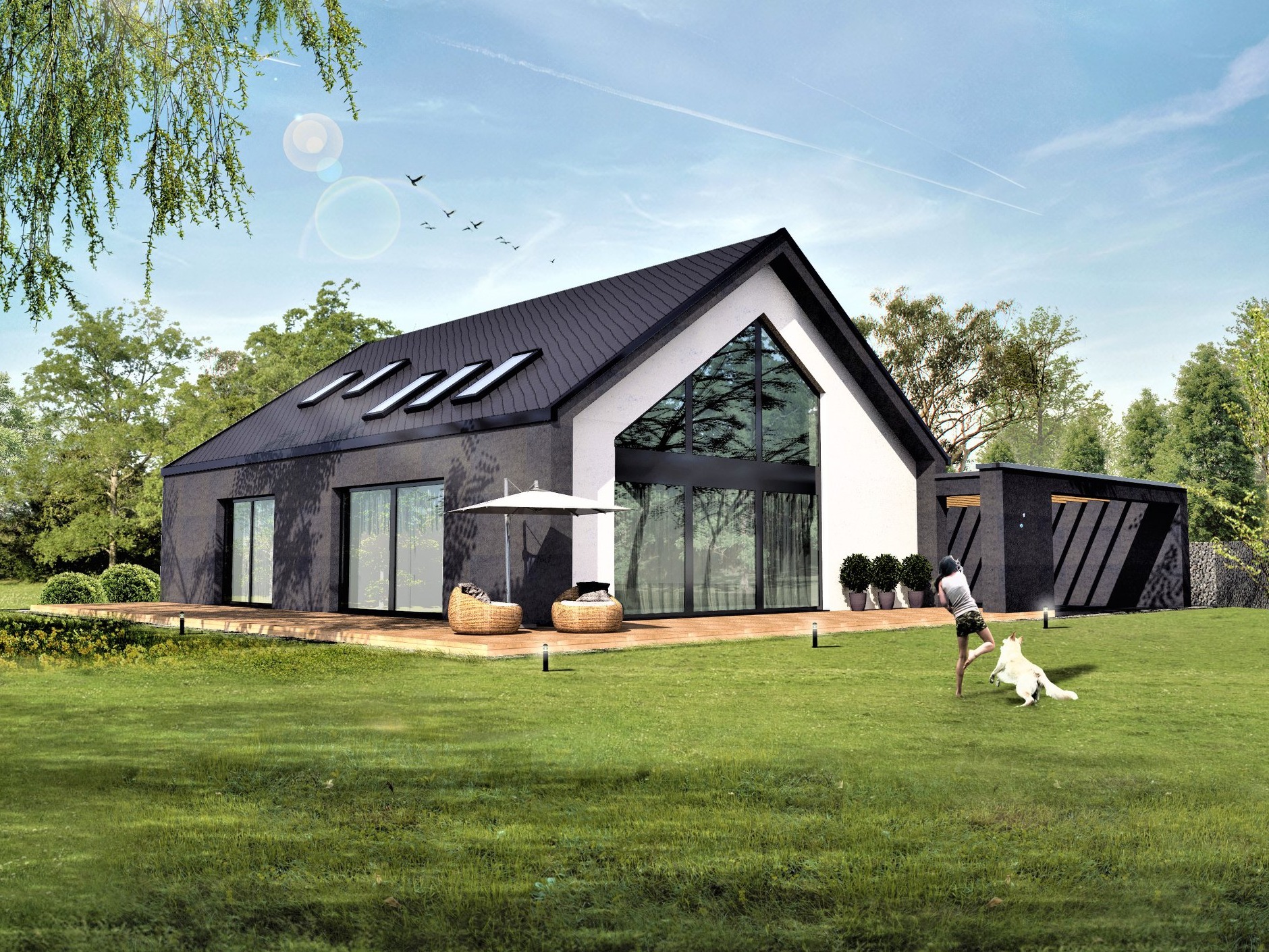 Nowoczesny dom jednorodzinny z czarną elewacją i dużymi przeszkleniami, otoczony zielonym trawnikiem, na którym bawi się dziewczynka z psem.