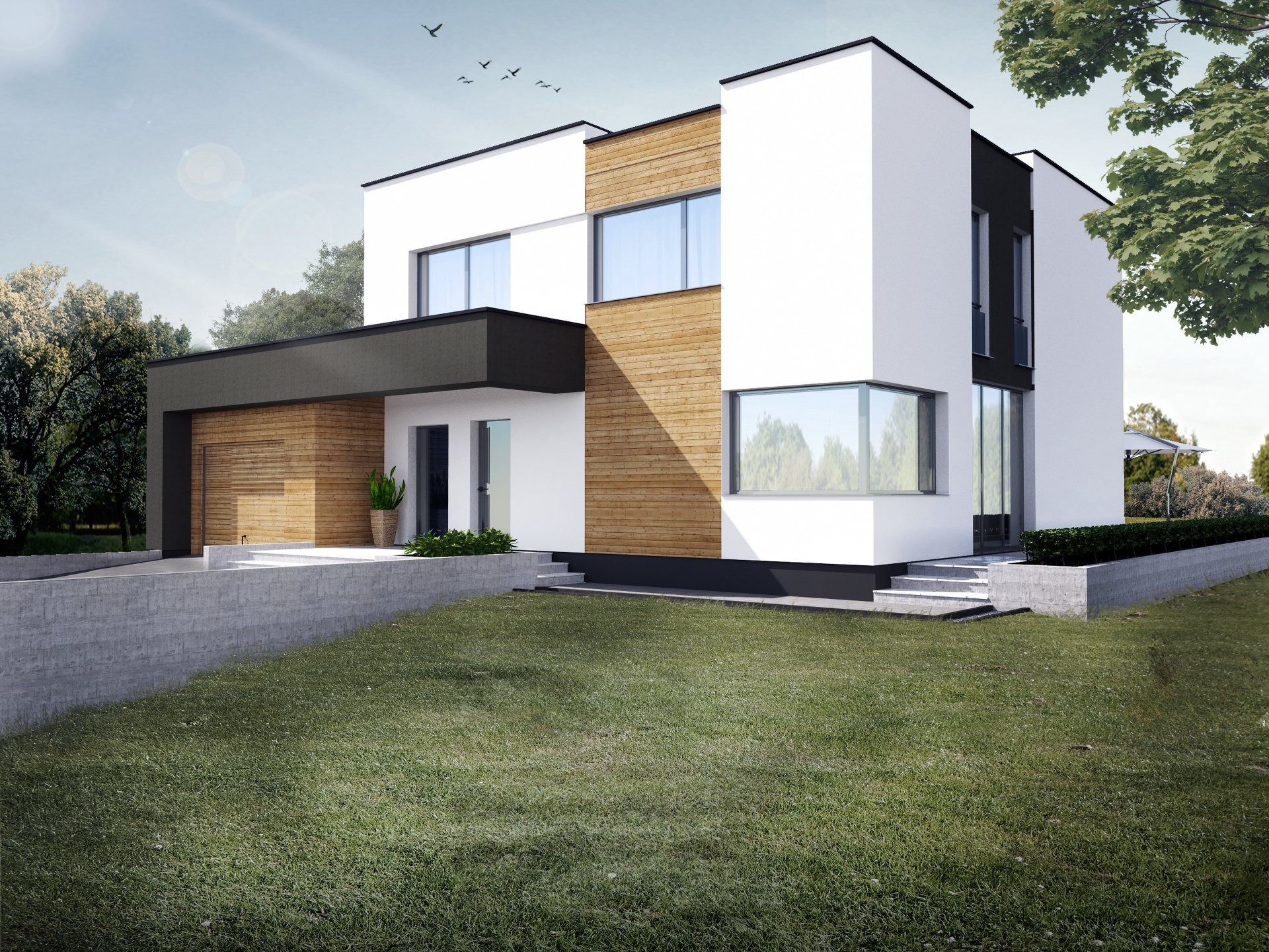 Wizualizacja nowoczesnego domu jednorodzinnego z elementami drewna na elewacji, z dużymi oknami i minimalistycznym ogrodem z trawnikiem, widok z poziomu trawnika, w tle drzewa i przelatujące ptaki.
