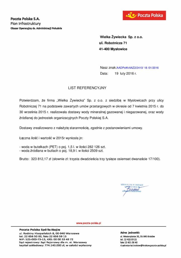 Skan listu referencyjnego od Poczty Polskiej S.A. potwierdzającego realizację dostaw wody mineralnej przez firmę Wielka Żywiecka Sp. z o.o. w 2015 roku.