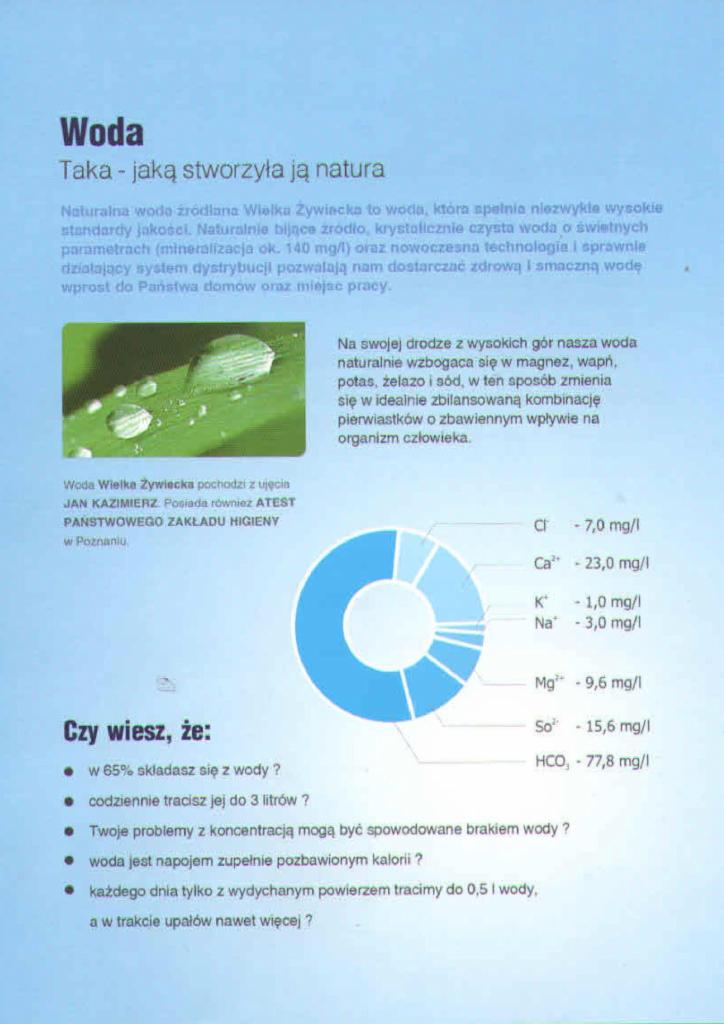 Informacyjna grafika o wodzie Wielka Żywiecka, prezentująca jej naturalne pochodzenie, skład mineralny i wpływ na organizm, z kroplami wody na zielonym liściu i wykresem kołowym składu.