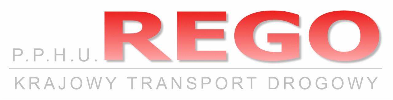 Logo firmy transportowej REGO z czerwonym napisem i szarym hasłem 'Krajowy Transport Drogowy'.