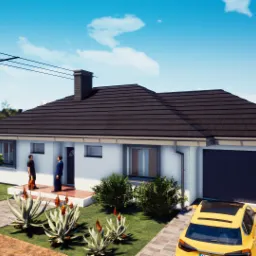 Wizualizacja projektu domu jednorodzinnego z garażem w Pysznicy, z brązowym dachem i białymi ścianami, z żółtym samochodem na podjeździe i dwoma osobami rozmawiającymi na ganku.