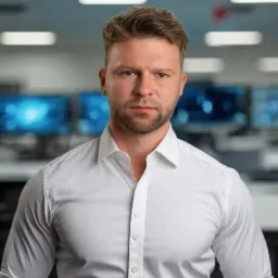 Portret mężczyzny w białej koszuli na tle biura z monitorami.