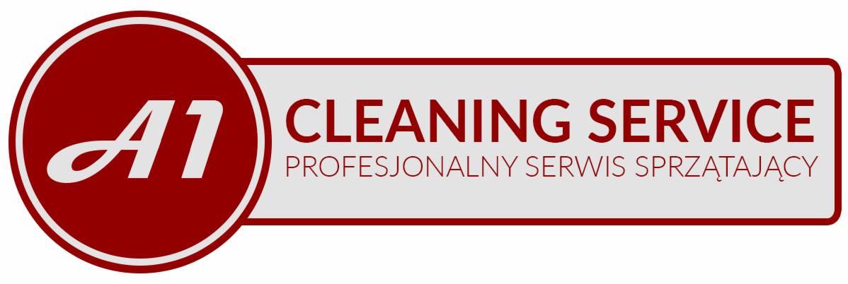 Logo firmy A1 Cleaning Service z hasłem 'Profesjonalny Serwis Sprzątający' w kolorach czerwonym i białym, na jasnym tle.