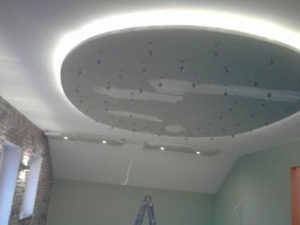 Okrągły, podwieszany sufit z oświetleniem LED i dekoracyjnymi elementami, widoczny z perspektywy wnętrza, z fragmentem ściany w cegle i drabinką w tle.