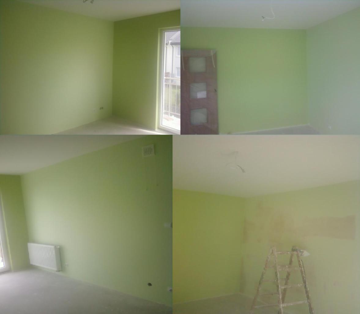 Cztery kadry z wnętrza: pokój pomalowany na zielono, z oknem, grzejnikiem i drabiną malarską. Widoczne ślady po malowaniu na ścianie.