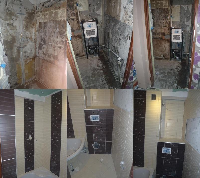 Fotografia przedstawia metamorfozę łazienki: stan surowy przed remontem i efekt końcowy z nową glazurą, wanną narożną i zabudową podtynkową WC.