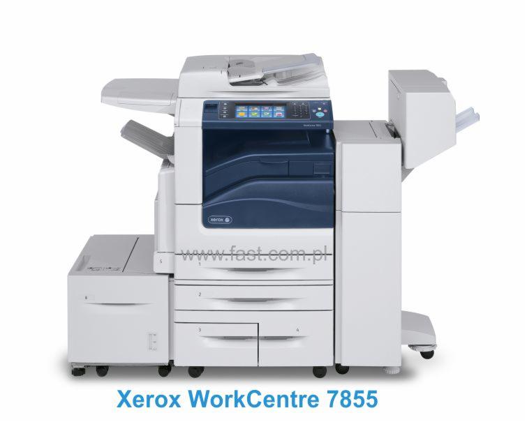 Biała kserokopiarka Xerox WorkCentre 7855 z podajnikiem i panelem sterowania, widok z przodu na białym tle. Model biurowy z wieloma szufladami.