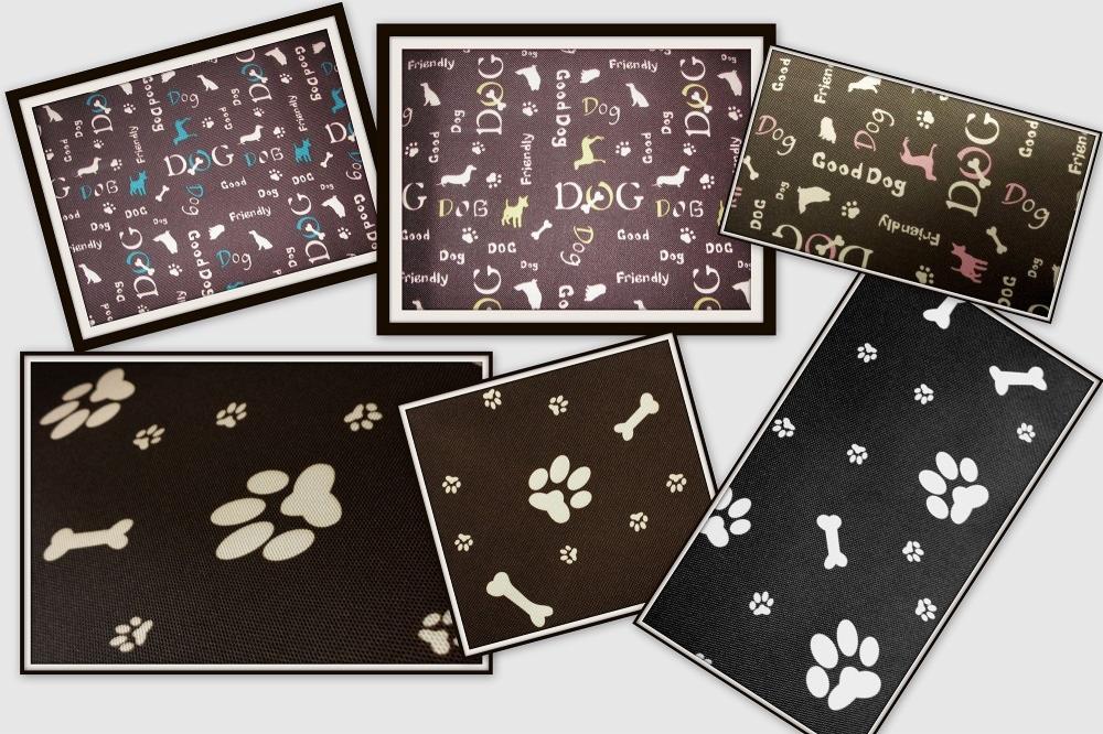 Kolaż próbek tkanin z motywami psów: napisy, sylwetki, łapy i kości na brązowym, czarnym i wzorzystym tle. Różne ułożenia i obramowania.