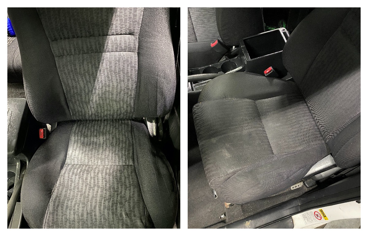 Porównanie fotela samochodowego przed i po czyszczeniu tapicerki w Piasecznie, widoczna wyraźna różnica w czystości materiału.