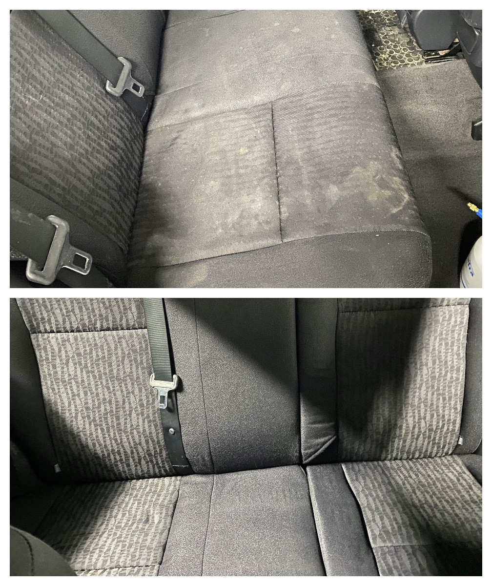 Porównanie: Czyszczenie tapicerki samochodowej - przed (górny panel) i po (dolny panel), ukazujące znaczną poprawę czystości i usunięcie zabrudzeń z ciemnej, teksturowanej tkaniny.