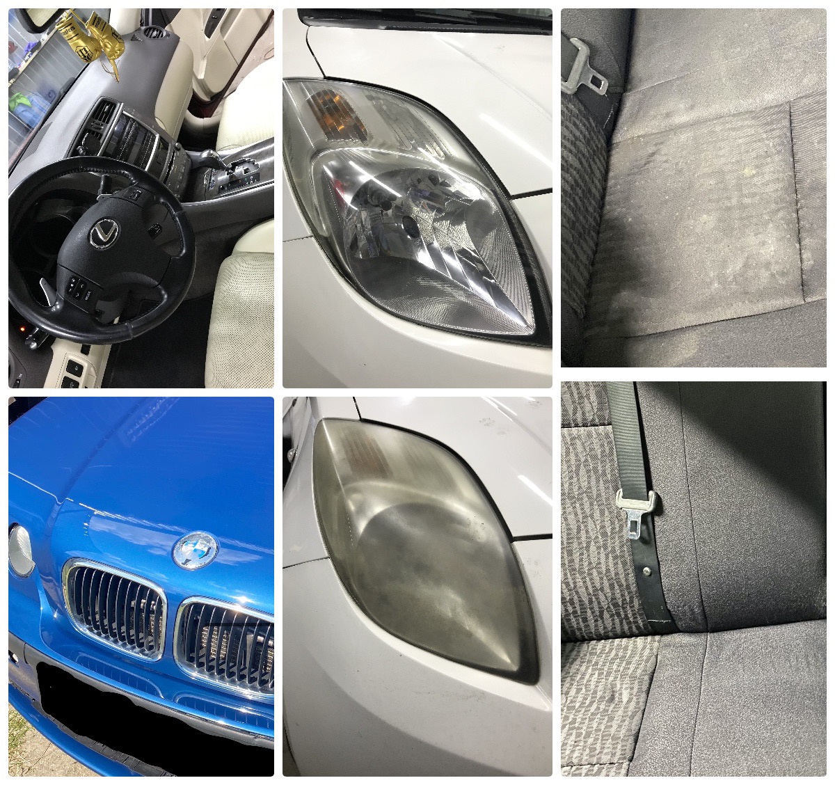 Kolaż przedstawiający wnętrze Lexusa z jasną tapicerką, reflektor przed czyszczeniem i po czyszczeniu, oraz brudne i wyczyszczone siedzenie samochodowe z pasem bezpieczeństwa.