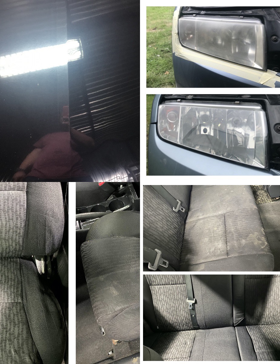 Kolaż zdjęć prezentujący efekt przed i po czyszczeniu: polerowana karoseria z odbiciem, reflektory samochodowe przed i po renowacji z użyciem taśmy maskującej, oraz wnętrze samochodu z widocznymi...