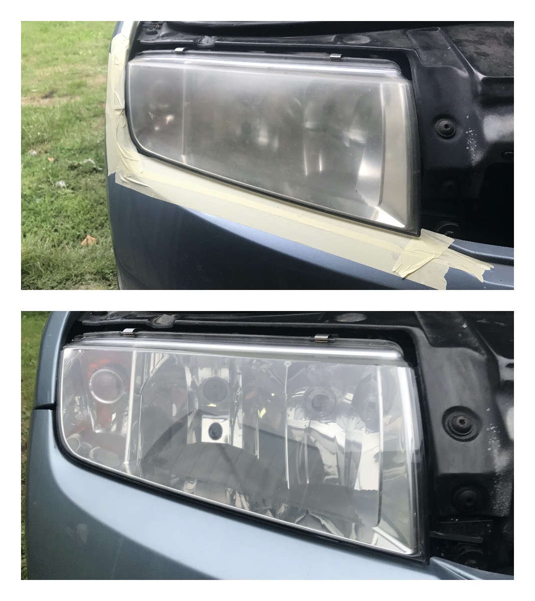 Reflektor samochodowy przed i po polerowaniu, z widocznym efektem poprawy przejrzystości szkła reflektora i taśmą maskującą na karoserii.