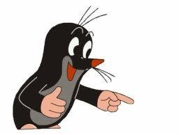 Krecik, czarny kret z czerwoną końcówką nosa, wskazuje palcem w prawą stronę na białym tle. Postać z bajki.