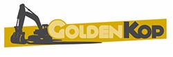 Logo firmy Golden Kop z sylwetką koparki w kolorze grafitowym na żółtym tle. Nazwa firmy napisana dużymi, pogrubionymi literami w kolorze żółto-grafitowym.