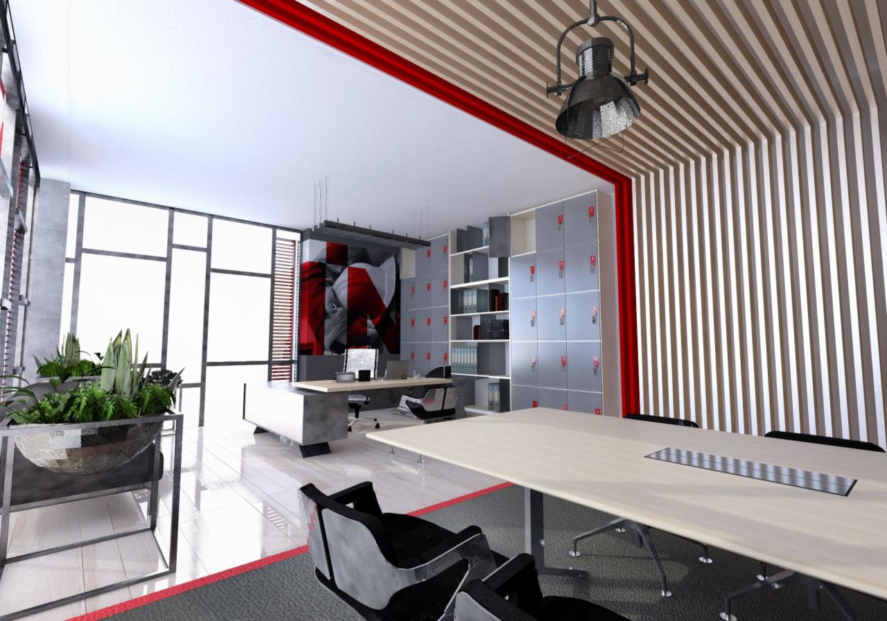 Nowoczesne biuro z długim stołem konferencyjnym, designerską lampą wiszącą, roślinami w metalowej donicy i graficznym muralem na ścianie.