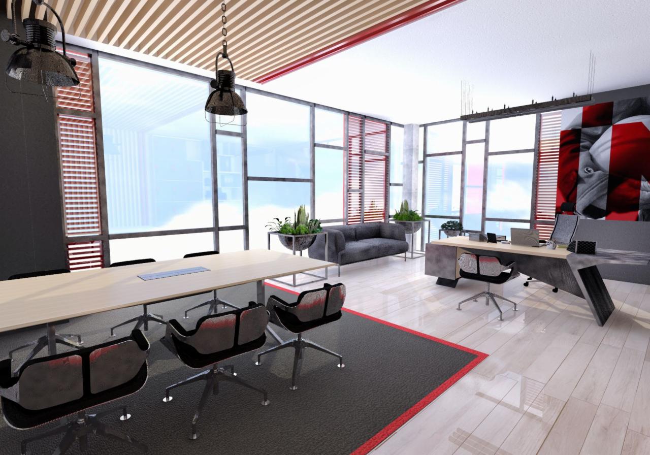 Wizualizacja przestronnego biura z dużym stołem konferencyjnym, wygodnymi krzesłami, sofą i biurkiem z komputerem, oświetlonego wiszącymi lampami i naturalnym światłem wpadającym przez okna.