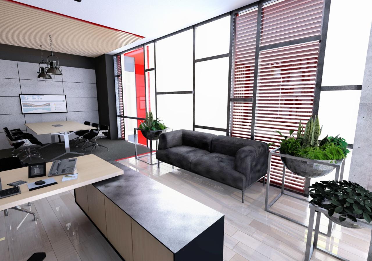 Wizualizacja nowoczesnego biura z dużymi oknami, drewnianą podłogą i szarą sofą. W tle widoczny stół konferencyjny i ekran. Na pierwszym planie biurko z komputerem i akcesoriami.