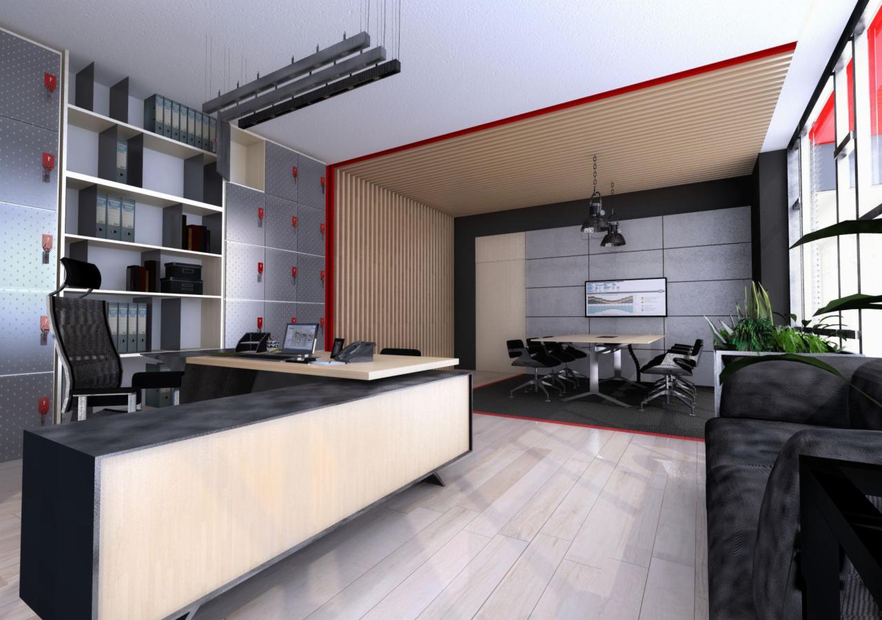 Wizualizacja biura z recepcją, stołem konferencyjnym i regałem na dokumenty, utrzymana w nowoczesnym stylu z elementami drewna i metalu.