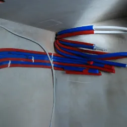 Świeżo położone rury CO i wod-kan w izolacji czerwono-niebieskiej, mocowane do surowej ściany za pomocą białych opasek, z widocznymi przewodami elektrycznymi.