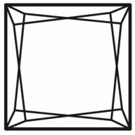 Grafika wektorowa przedstawiająca schematyczny rysunek kwadratu z geometrycznymi detalami w rogach, tworzącymi ramę. Czarno-biała ilustracja.