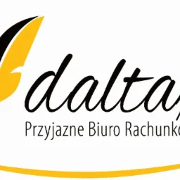 Logo 'daltax' z piórem i napisem 'Przyjazne Biuro Rachunkowe'. Grafika w Jezioranach, czcionka ozdobna, kolorystyka czarno-żółta, nowoczesny design.