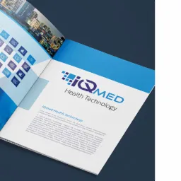 Otwarta broszura firmowa IQMED Health Technology z widocznym logo, ikonami i tekstem na ciemnym tle.
