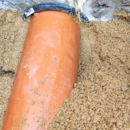 Pomarańczowa rura kanalizacyjna w wykopie, częściowo zasypana piaskiem, w tle betonowa ściana z otworem.