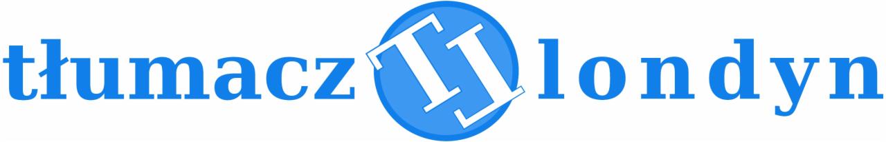 Niebieskie logo z napisem 'tłumacz londyn' i symbolem dwóch białych liter 'T' w niebieskim okręgu. Nazwa firmy oferującej usługi tłumaczeniowe.