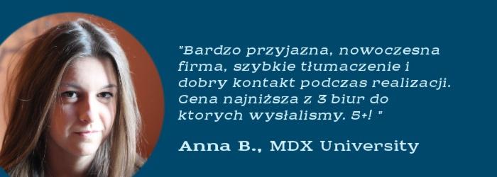 Opinia o firmie tłumaczeniowej: portret kobiety w okręgu obok tekstu z pozytywną recenzją i danymi autorki, na ciemnoniebieskim tle.