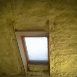 Poddasze z oknem połaciowym, ocieplone pianką PUR o nieregularnej strukturze. Widoczne drewniane elementy konstrukcyjne. Okno zabezpieczone folią. Oświetlenie naturalne.