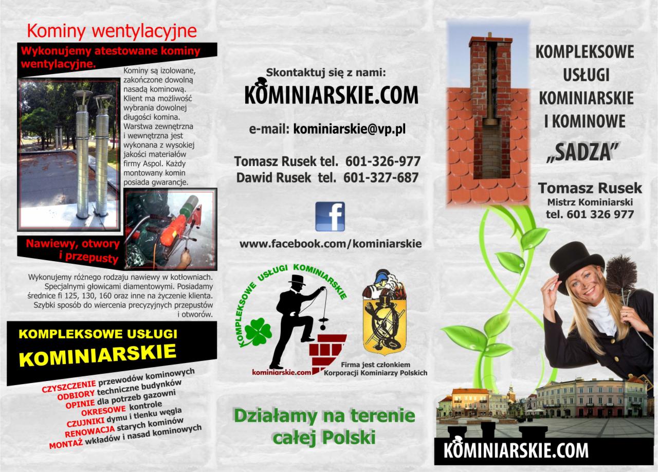 Materiały reklamowe firmy kominiarskiej: oferta usług, dane kontaktowe, zdjęcia kominów, logo i uśmiechnięta kobieta w stroju kominiarza.