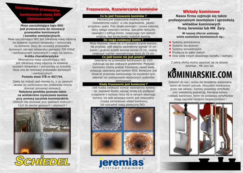 Renowacja komina masą SKD: porównanie stanu 'przed' i 'po' czyszczeniu, ukazujące poprawę stanu przewodu kominowego. Detal materiałów firmy Schiedel.
